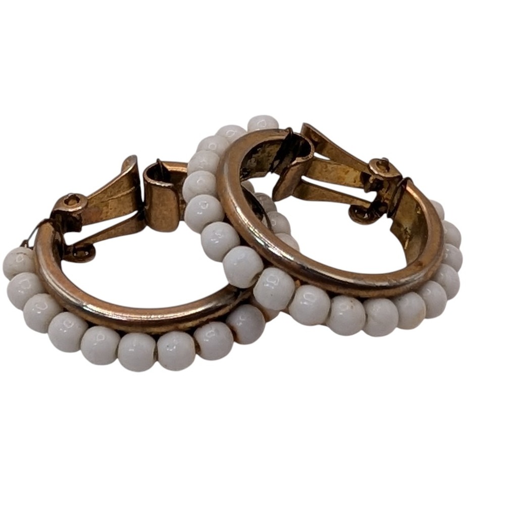Vintage Clip On Earrings White Beads Gold Tone Patent Pending Mid Century Modern